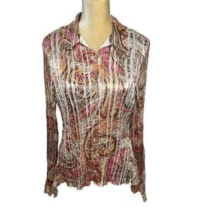 Komarov Crinkle Blouse Button Down Top Size Medium Lace Detail